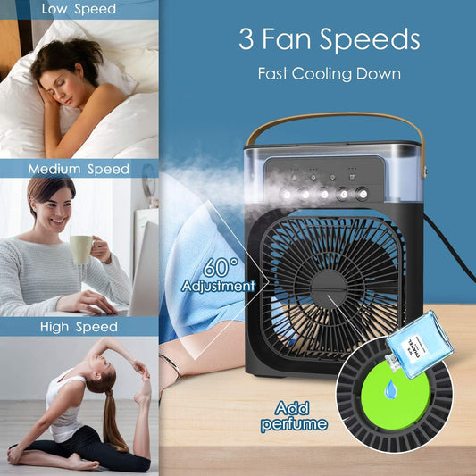 Personal Air Cooler, Portable Air Conditioner Fan, Mini Evaporative Cooler with 7 Colors LED Light, 1/2/3 H Timer, 3 Wind Speeds and 3 Spray Modes for Your Desk, Nightstand, or Coffee Table