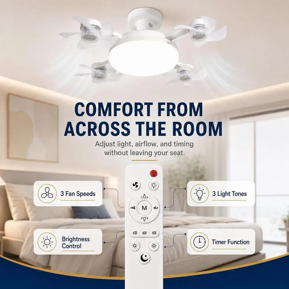 E27 Remote Control Ceiling Fan with Light - Silent LED Drone Fan with Foldable Blades for Bedroom and Kitchen, 3/4/5 Blade Options