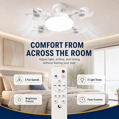 E27 Remote Control Ceiling Fan with Light - Silent LED Drone Fan with Foldable Blades for Bedroom and Kitchen, 3/4/5 Blade Options